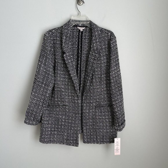 New Nanette Lepore Black White Tweed Open Front Long Jacket - Picture 1 of 7